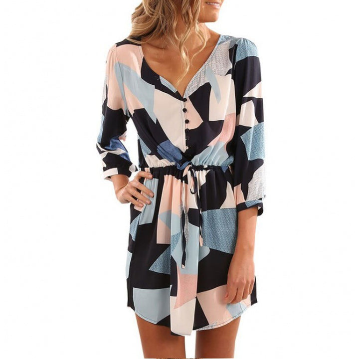 Damen Halbarm Sommerkleid mit tailliertem Schnitt und Knopfdetail Drune