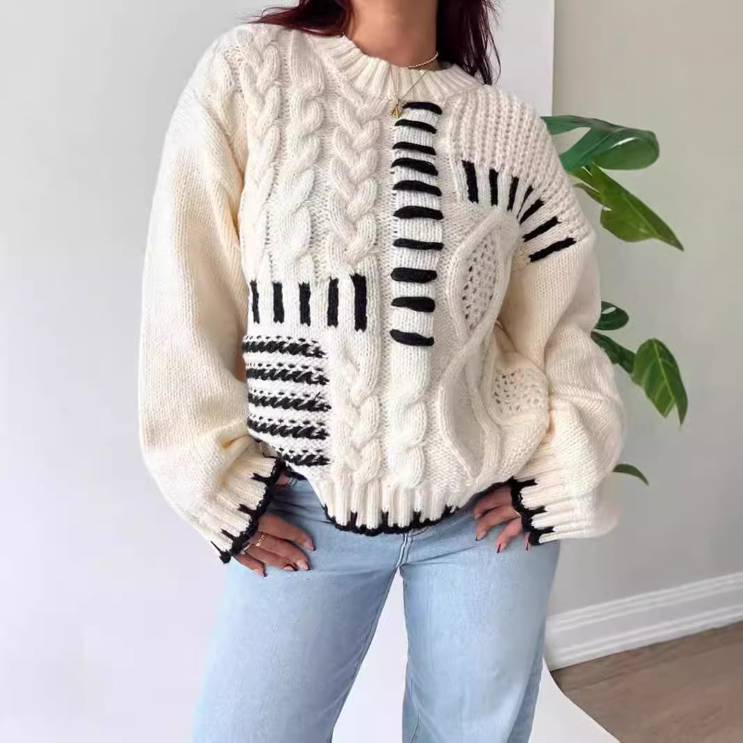 Damen Grobstrickpullover mit kreativem Patchwork-Design und lässigem Schnitt Drune