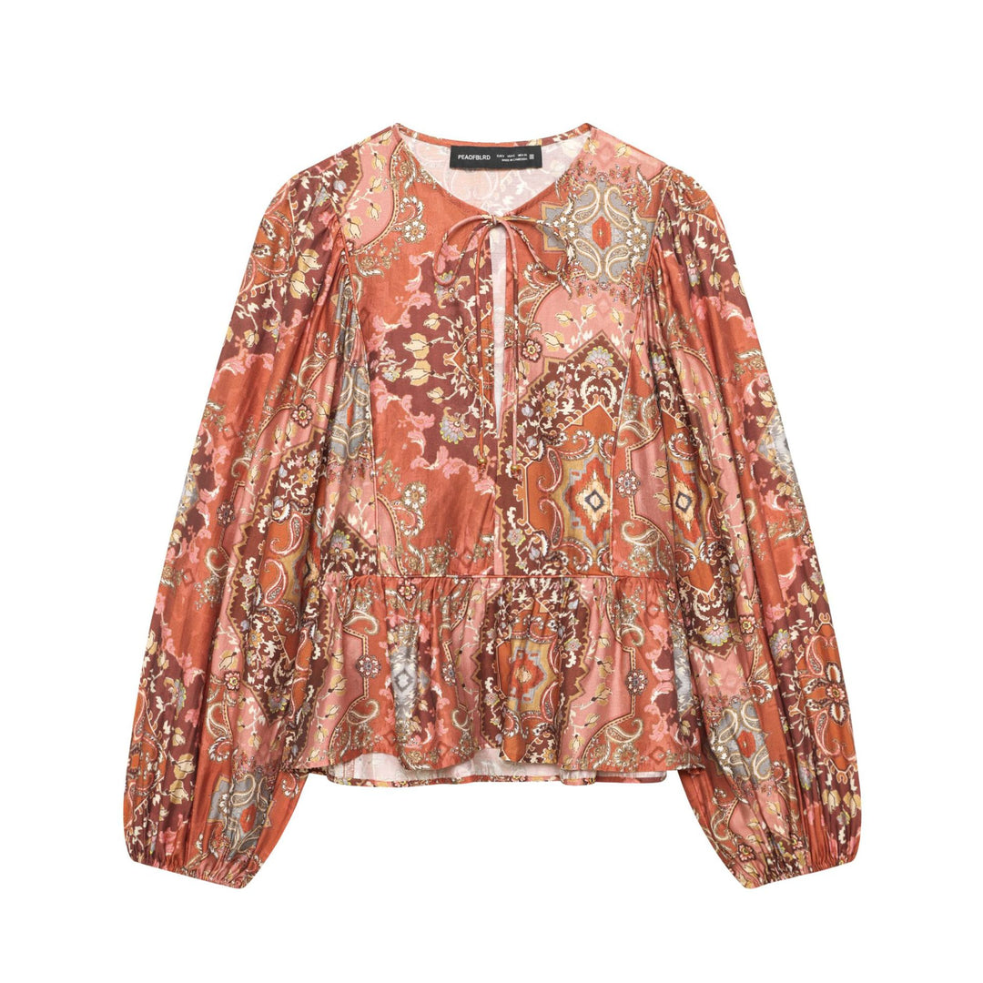 Damen nan Boho-Bluse mit Paisley-Print, Bindeband-Ausschnitt, geraffter Taille und voluminösen Ballonärmeln Drune