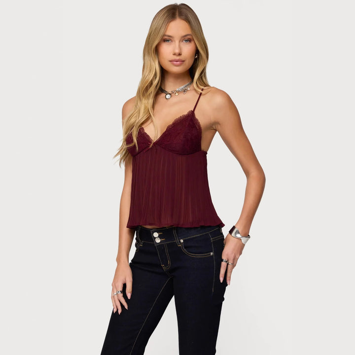Damen Chiffon Top mit Spitzenakzenten und plissiertem Design Drune
