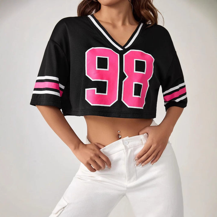 Damen Crop-Top mit sportivem V-Ausschnitt und grafischem Druck Drune