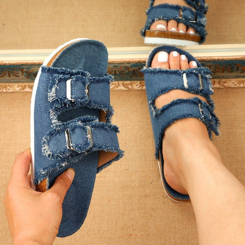 Damen Pantoletten mit modischem Denim-Design und verstellbaren Riemen Drune