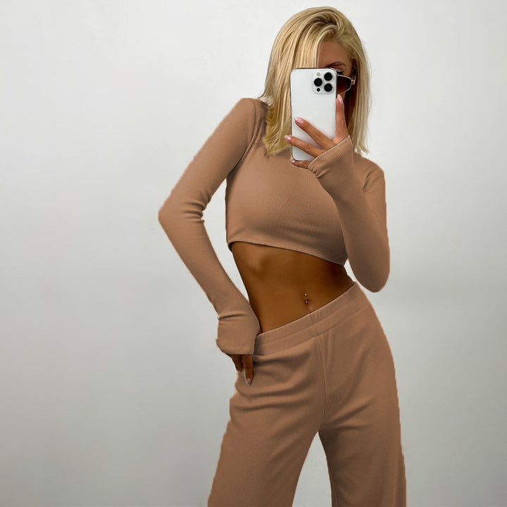 Damen nan eng anliegendes geripptes Cropped Longsleeve mit elastischer Highwaist-Loungehose Set Drune
