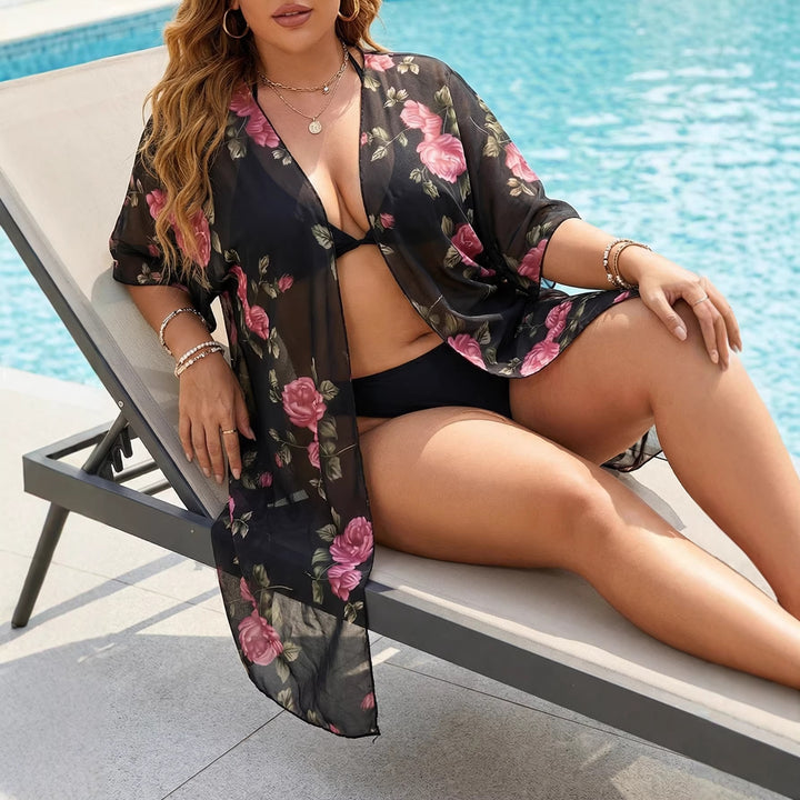 Damen transparenter Strandüberwurf mit floralen Mustern Drune