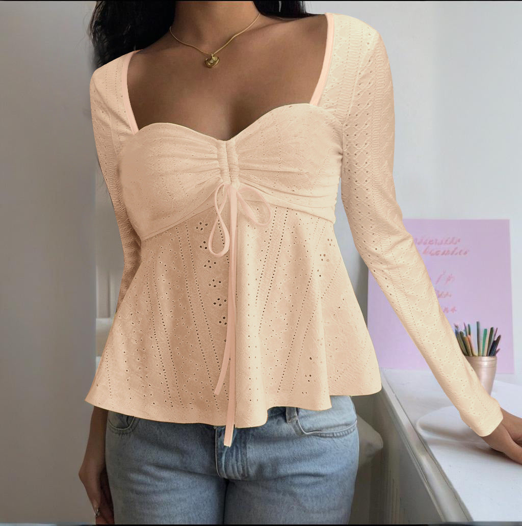 Damen luftiges Blusenshirt mit Rüschendetails und Schnürung Drune