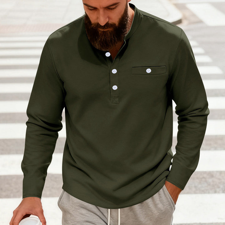 Herren Lässiges Henley-Langarmshirt mit Stehkragen, Brusttasche und abgerundetem Saum Drune