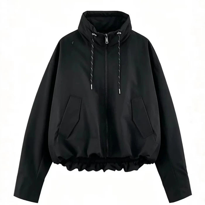 Damen Oversize Cropped Kapuzenjacke mit durchgehendem Reißverschluss, Kordelzug und gerafftem Saum Drune
