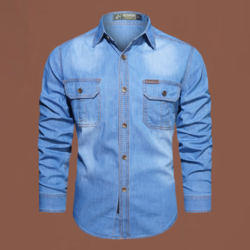 Herren  Denim Utility Button-Up-Shirt mit doppelten Klappentaschen auf der Brust Drune