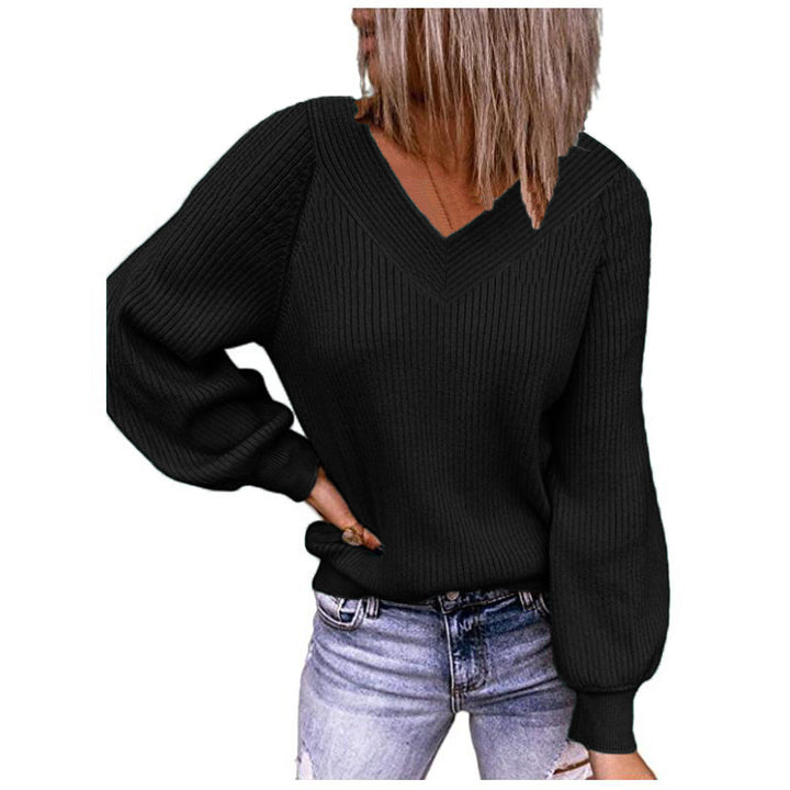 Damen Gerippter V‑Ausschnitt Pullover mit Ballonärmeln und lässiger Passform Drune