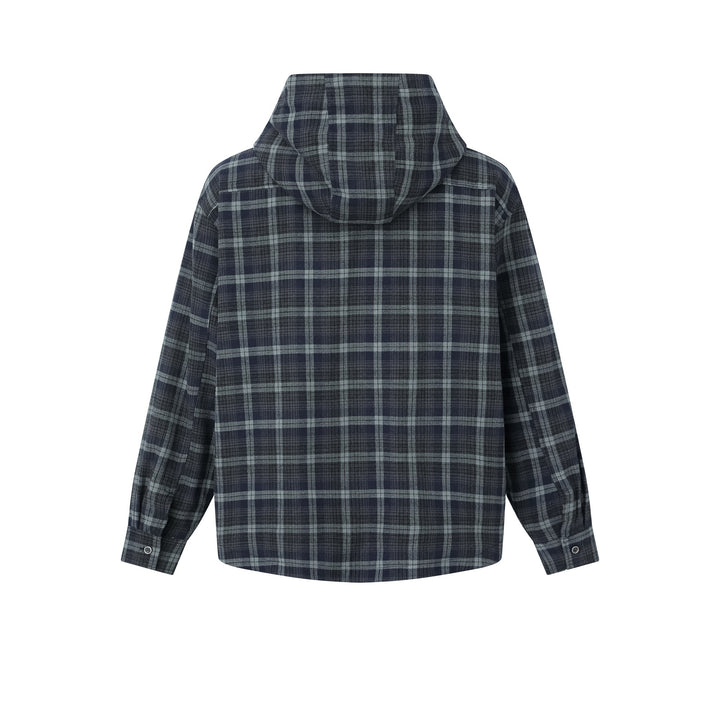 Herren Karo-Overshirt mit Kapuze, wattierter Hemdjacke und aufgesetzten Pattentaschen Drune