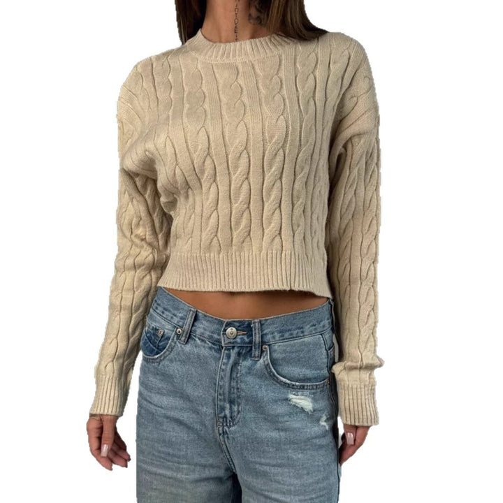 Damen Kurzer Boxy-Zopfstrickpullover mit geripptem Saum und Rundhalsausschnitt Drune