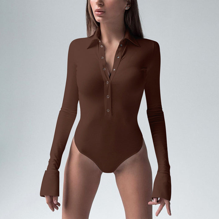 Damen Langarm-Bodysuit mit elegantem Kragen und durchgehender Knopfleiste Drune