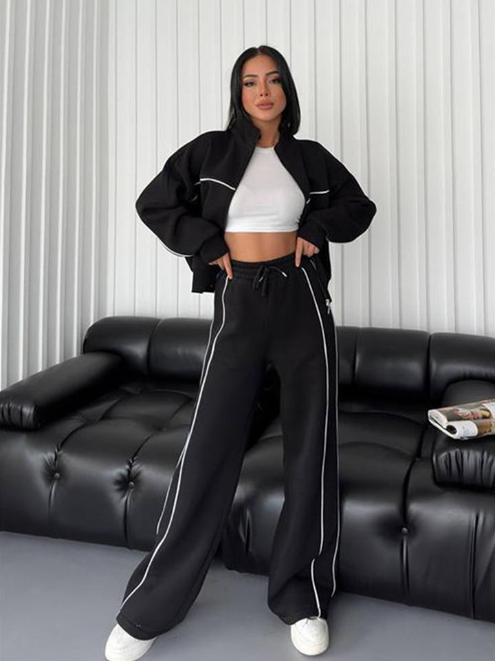 Damen Sportliches Zweiteiler-Set mit hochgeschlossenem Sweatshirt und weiten Hosen Drune