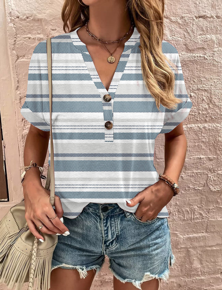 Damen lässiges kurzärmliges Blusenshirt mit verspieltem Paisleymuster und modernen Knopfdetails Drune