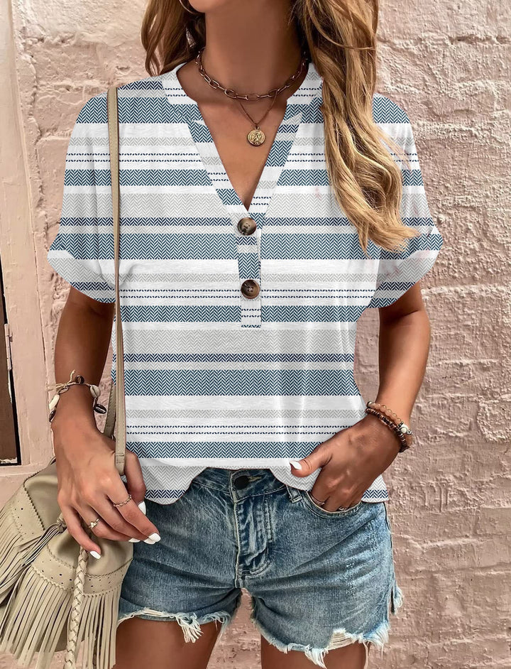 Damen Lässiges Kurzärmliges Blusenshirt mit Verspieltem Paisleymuster und Modernen Knopfdetails Drune