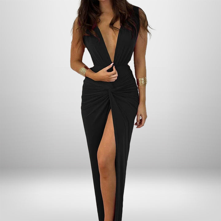 Damen Elegantes Maxikleid mit tiefem V-Ausschnitt und Schlitz Drune