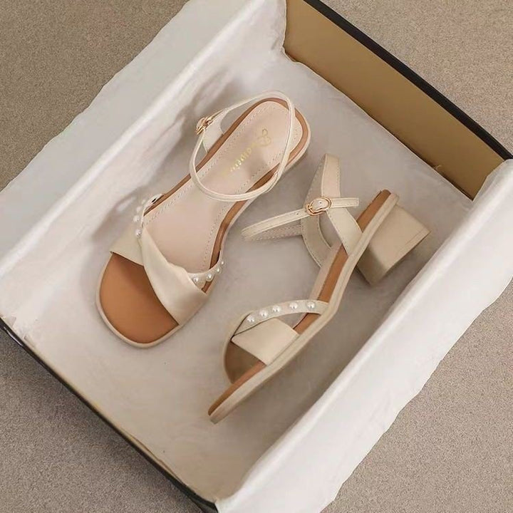 Damen elegante Riemensandalen mit modischem Perlenakzent und komfortablem Blockabsatz Drune