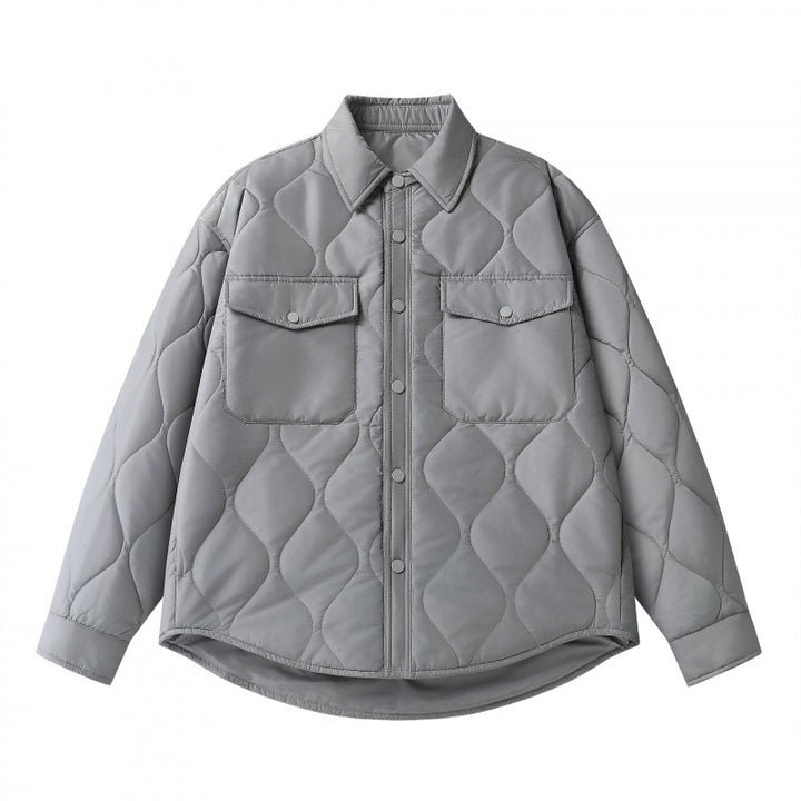 Unisex Gepolsterte gesteppte Hemdjacke mit Pattentaschen und abgerundetem Saum Drune
