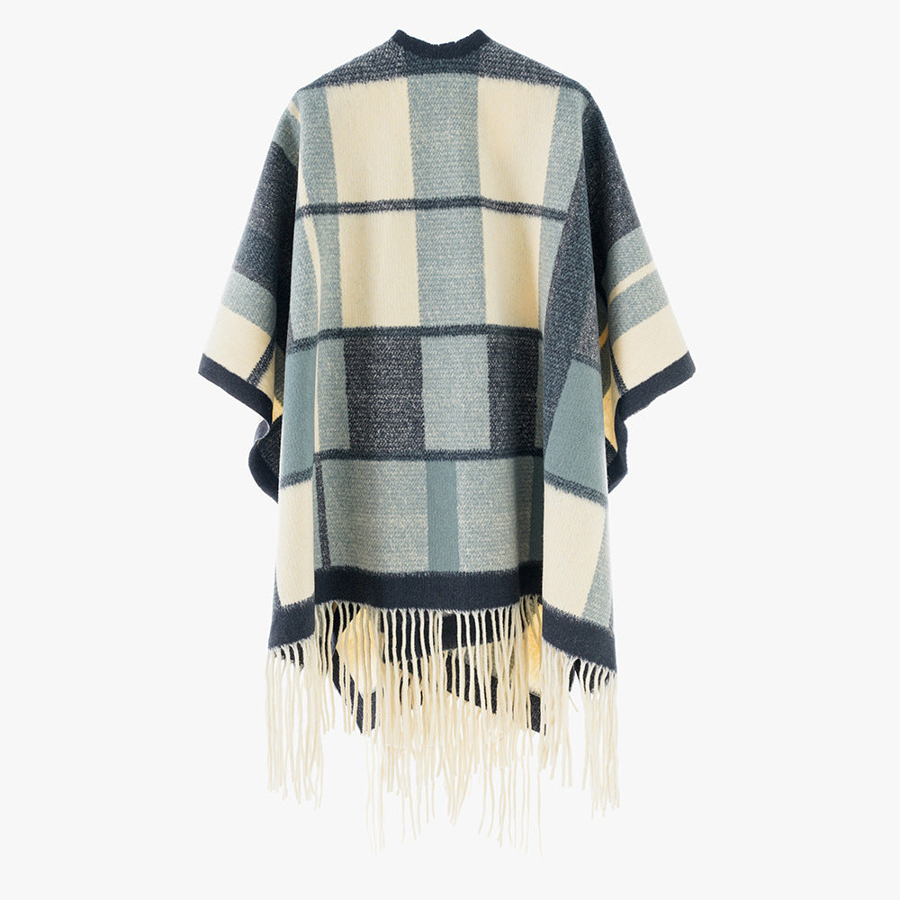 Damen Weicher Strick‑Überwurf im Kimono‑Stil mit Karomuster und Fransensaum Drune