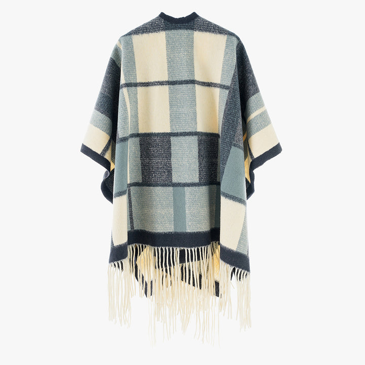 Damen Weicher Strick‑Überwurf im Kimono‑Stil mit Karomuster und Fransensaum Drune