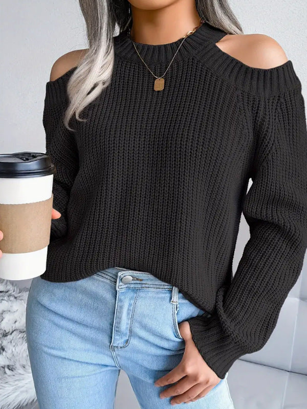 Damen Off-Shoulder Strickpullover mit weitem Schnitt und Rippstruktur Drune
