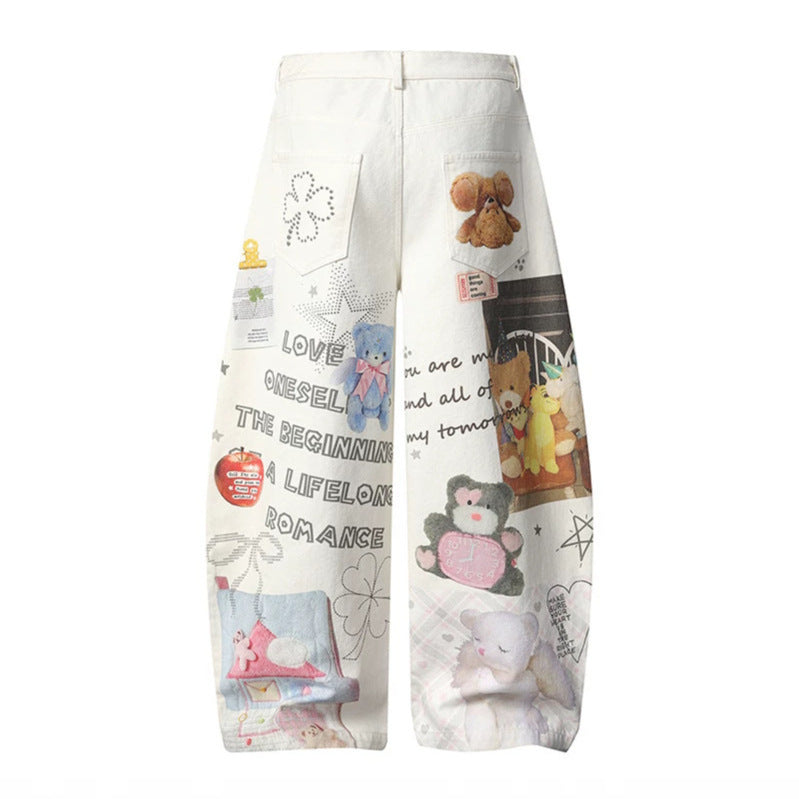 Damen Weite High‑Waist Culotte-Jeans mit verspieltem Allover-Mixed-Print und elastischem Saum Drune