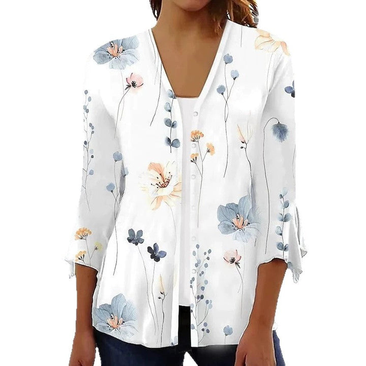 Damen nan leichte Chiffonbluse mit Aquarellblumenprint, V‑Ausschnitt, Knopfleiste und dreiviertelärmeln Drune