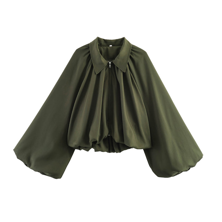 Damen Kurze Cape-Jacke mit voluminösen Ballonärmeln, Stehkragen und Reißverschluss Drune
