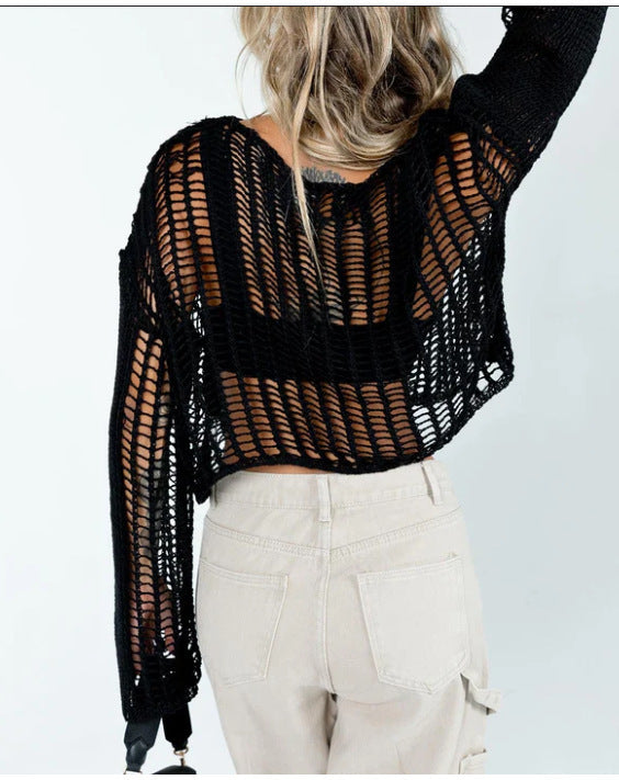 Damen Cropped Open Knit Pullover Drune