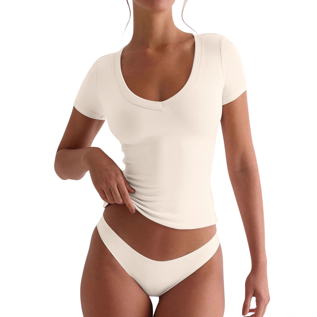 Damen figurbetontes V-Neck T-Shirt mit kurzen Ärmeln Drune