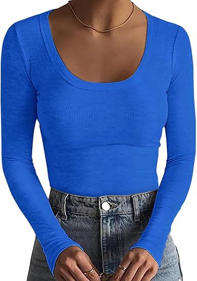 Damen Schmal geschnittenes Langarm-Feinstricktop mit weitem U-Ausschnitt Drune