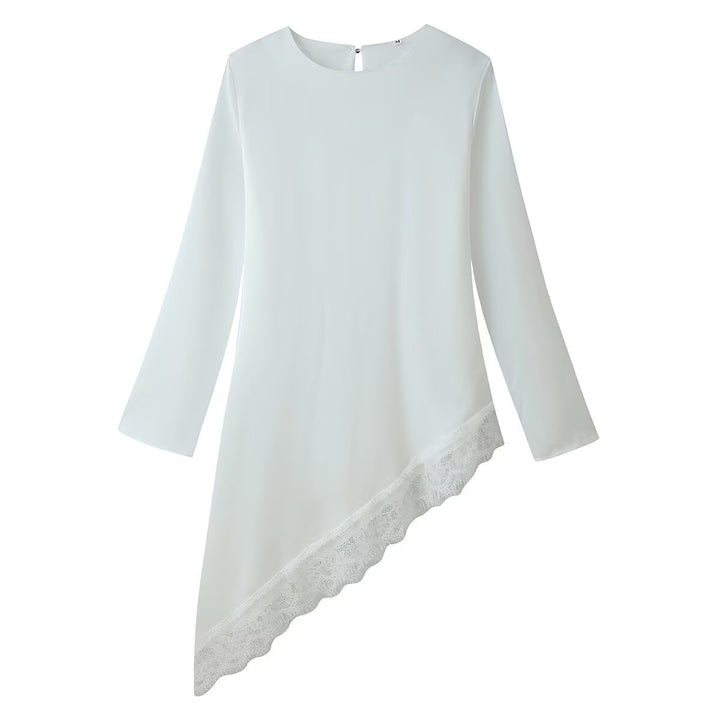 Damen Asymmetrische Langarm-Tunika mit Spitzenbesatz und schrägem Saum Drune