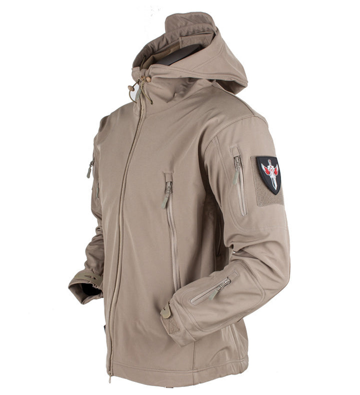 Herren taktische Softshelljacke mit Kapuze, Tarnmuster und ergonomischem Stretchschnitt Drune