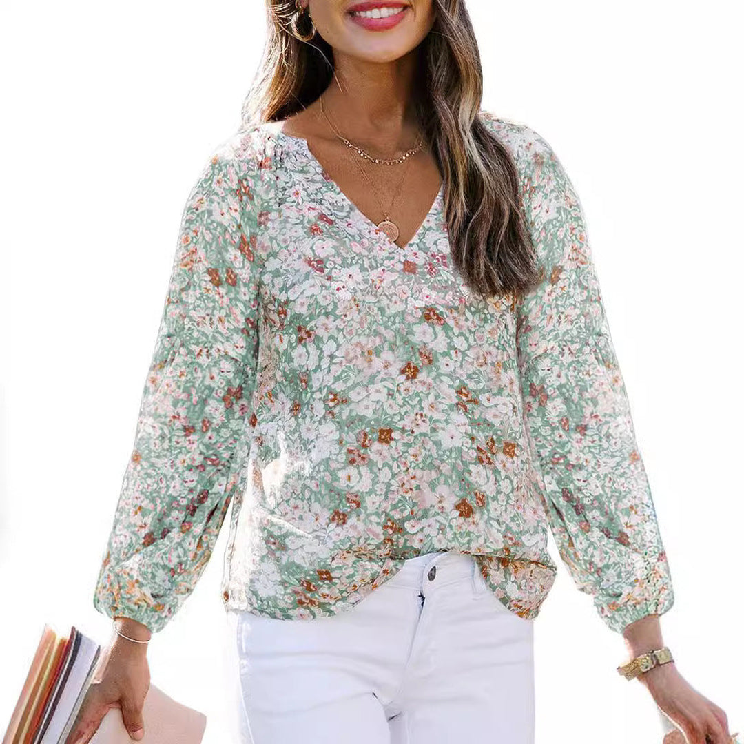 Damen Bluse mit floralen Mustern und V-Ausschnitt Drune