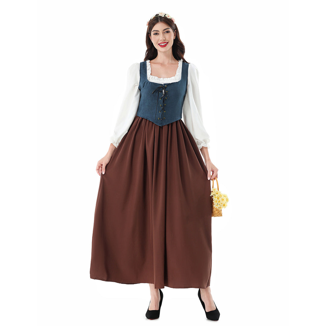 Damen nan historisches Mittelalterkleid mit geschnürter Miederweste, rüschiger Bluse und weitem Maxirock Drune