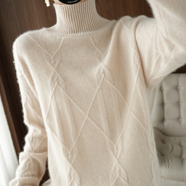 Damen Weicher Mohair‑Look Pullover mit hohem Rippkragen, Zopfmotiv und kastiger Oversize‑Passform Drune