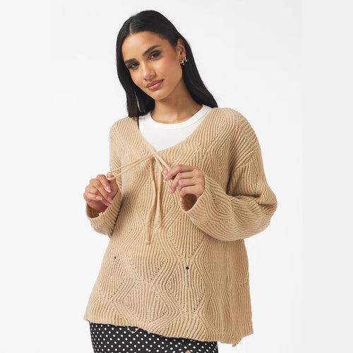 Damen Oversize Strickpullover mit V-Ausschnitt, Kordelzug und Rautenstruktur Drune