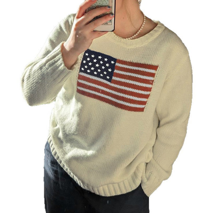 Damen Kuscheliger Baumwollmix-Strickpullover mit Rundhals und eingestrickter Flaggenapplikation Drune