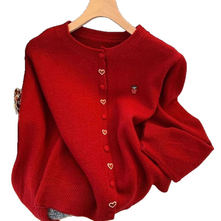 Damen kuschelige Strickjacke mit Herz- und Erdbeerenapplikationen Drune