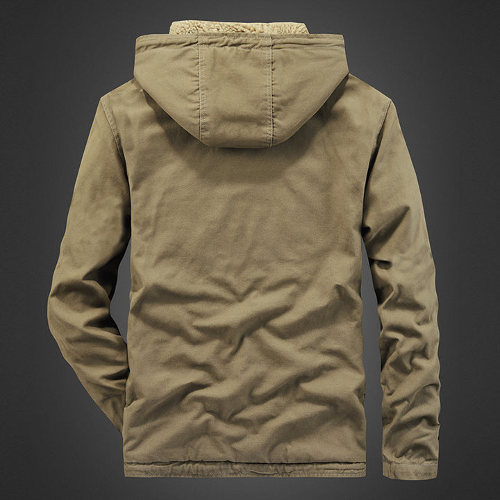 Herren Kapuzen-Canvasjacke mit durchgehendem Teddyfutter und verdeckter Druckknopfleiste Drune
