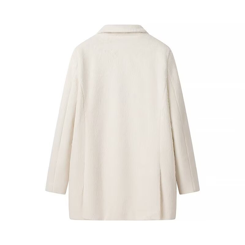Damen nan minimalistischer midilanger Mantelblazer mit strukturierter Oberfläche, Reverskragen und Pattentaschen Drune