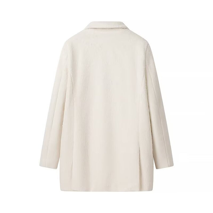 Damen nan minimalistischer midilanger Mantelblazer mit strukturierter Oberfläche, Reverskragen und Pattentaschen Drune