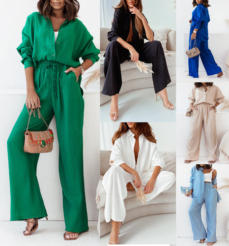 Damen Zweiteiliges Leinenoptik-Set aus Oversize-Hemd mit Bindegürtel und weiter Palazzo-Hose Drune
