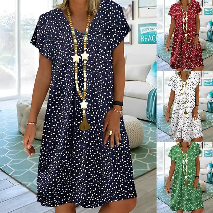 Damen nan locker fallendes V-Ausschnitt-Kurzkleid mit A-Linien-Schnitt, Cap-Ärmeln und Allover-Herzchenprint Drune