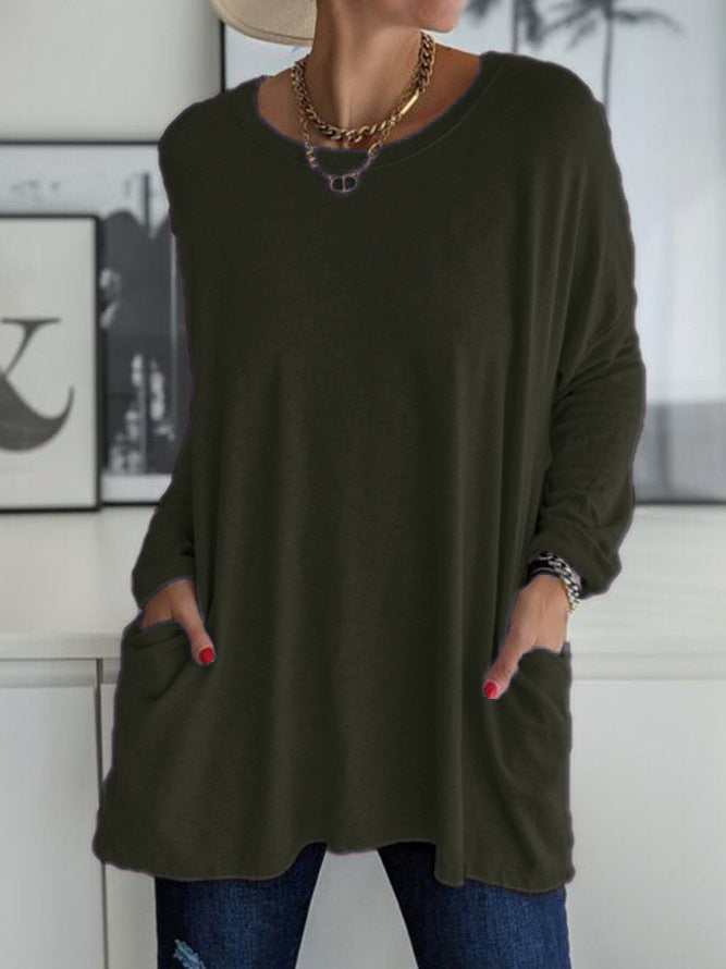 Damen Oversize Tunika mit Seitentaschen und Rundhalsausschnitt Drune