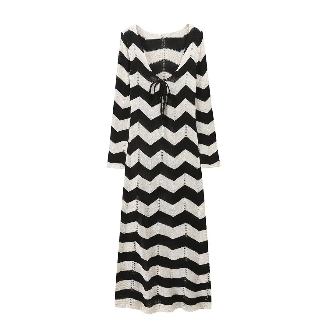 Damen 1400+ langes gehäkeltes Maxikleid mit Chevron‑Muster, tiefem V‑Ausschnitt und Bindeband Drune