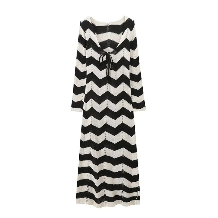 Damen 1400+ langes gehäkeltes Maxikleid mit Chevron‑Muster, tiefem V‑Ausschnitt und Bindeband Drune
