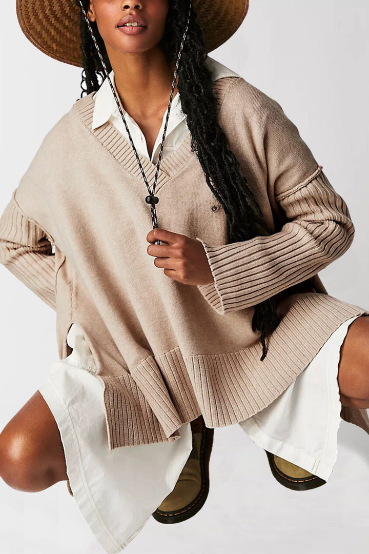 Damen lässiger V-Ausschnitt Pullover mit strukturierten Ärmeln und Oversized-Schnitt Drune