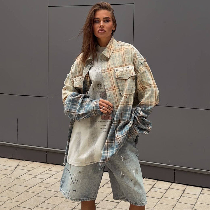 Damen Oversized Karo-Hemdjacke mit Taschen Drune