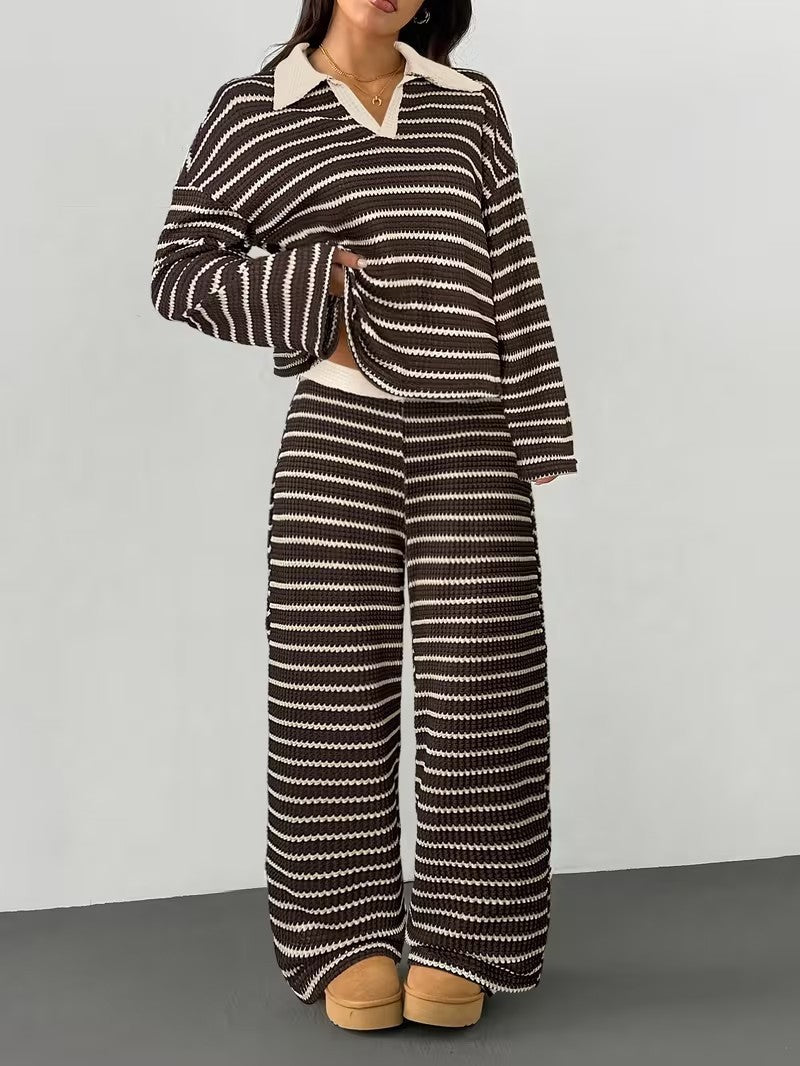 Damen lässiges Streifen-Loungewear-Set mit Kragen Drune